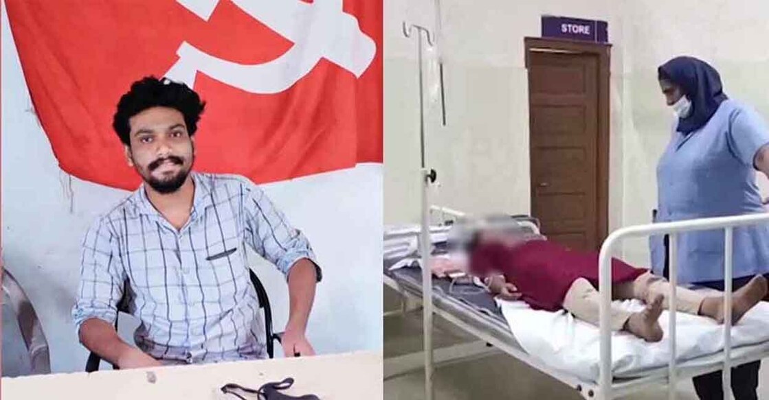 DYFI leader Ambady Unni; SFI activist Chinnu being treated at Haripad Taluk Hospital. Screengrab: Manorama News