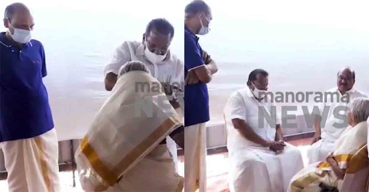 EP Jayarajan honouring Nandakumar's mother at a function held in a temple in Kochi; EP Jayarajan and KV Thomas in conversation with Nandakumar's mother. Screengrab: Manorama News