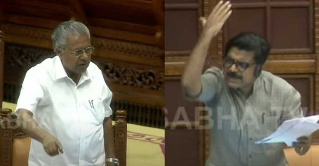 MLA Mathew Kuzhalnadan (right) quoted from the Enforcement Directorate's remand report to highlight the Chief Minister Pinarayi Vijayan's (left) role in the Wadakkanchery Life Mission corruption case. Photo: Sabha TV screengrab
