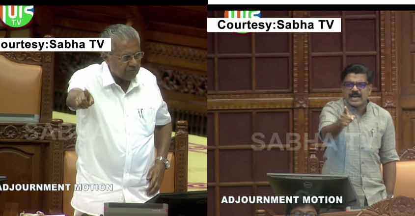 Kuzhalnadan (right) moved an adjournment motion on the Wadakkanchery Life Mission issue and dragged the Chief Minister (left) right to the middle of the bribe scandal. Photo: Sabha TV screengrab