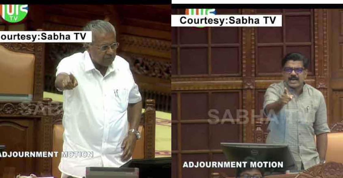 pinarayi-kuzhalnadan-assembly Kuzhalnadan (right) moved an adjournment motion on the Wadakkanchery Life Mission issue and dragged the Chief Minister (left) right to the middle of the bribe scandal. Photo: Sabha TV screengrab