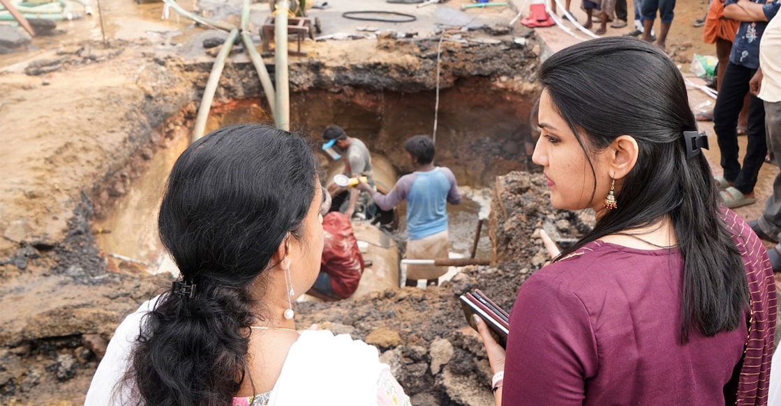 Collector Dr Renu Raj visits the spot where the pipe broke on Tuesday. Photo: I&PRD, Ernakulam