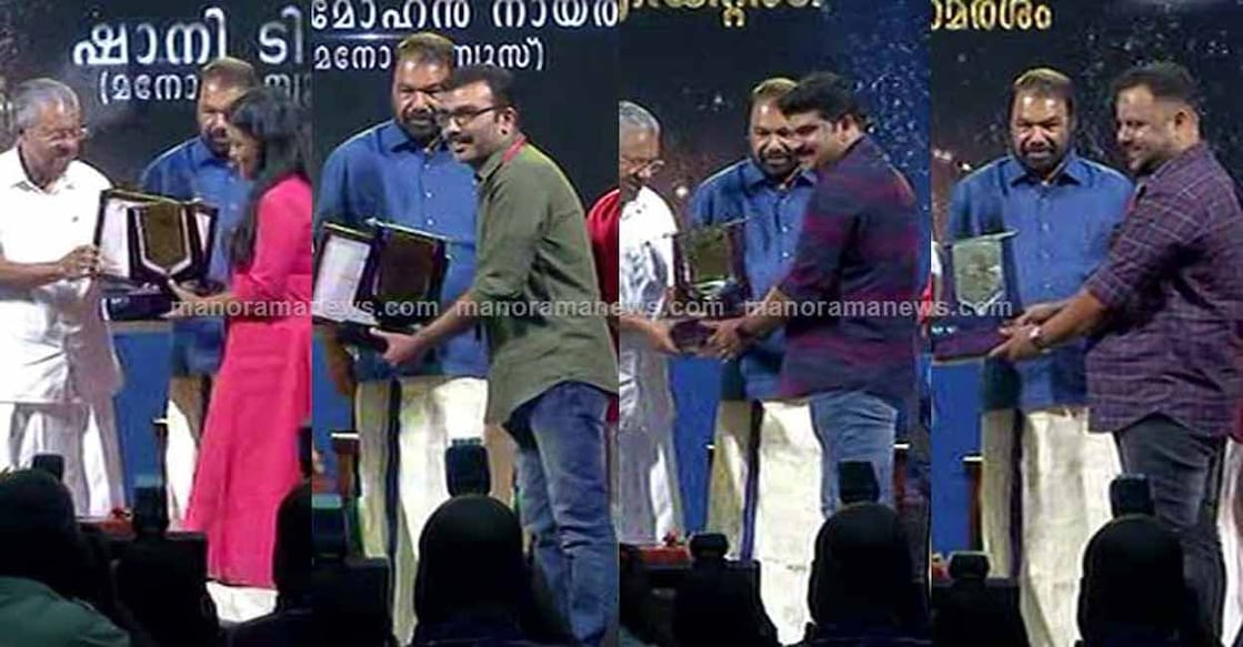 shani-jayamohan-vinod-manorama Shani Prabhakaran, S Jayamohan, Benny Jacob and VV Vinod Kumar receive their awards.