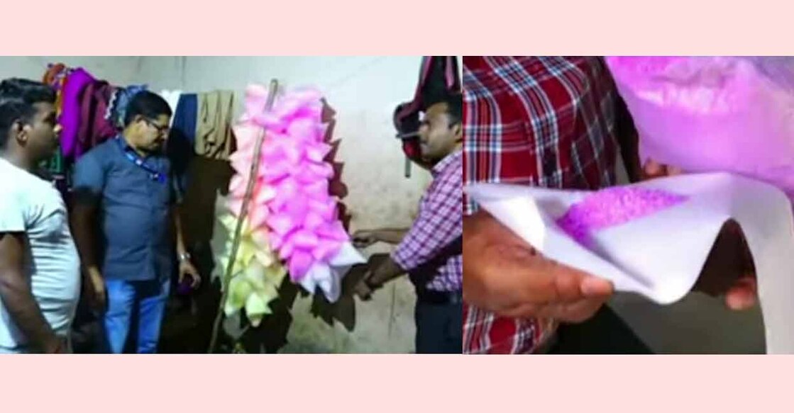 Food Safety official shows the colouring used in cotton candy made at a unit in Karunagappally in Kollam. Photos: Screenshot from Manorama News