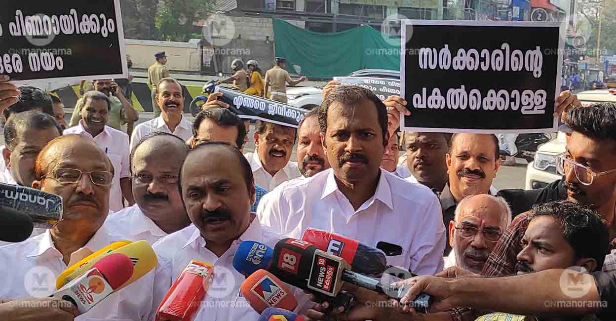 VD Satheesan speaks to media after UDF MLAs march to Assembly to protest against  government's refusal to roll back the tax proposals and social security cess on fuel and liquor. Photo: Manoj Chemancheri/Manorama