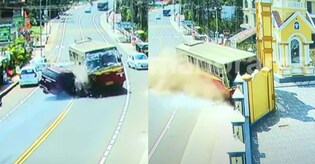 Several injured as KSRTC bus rams concrete arch after car collision