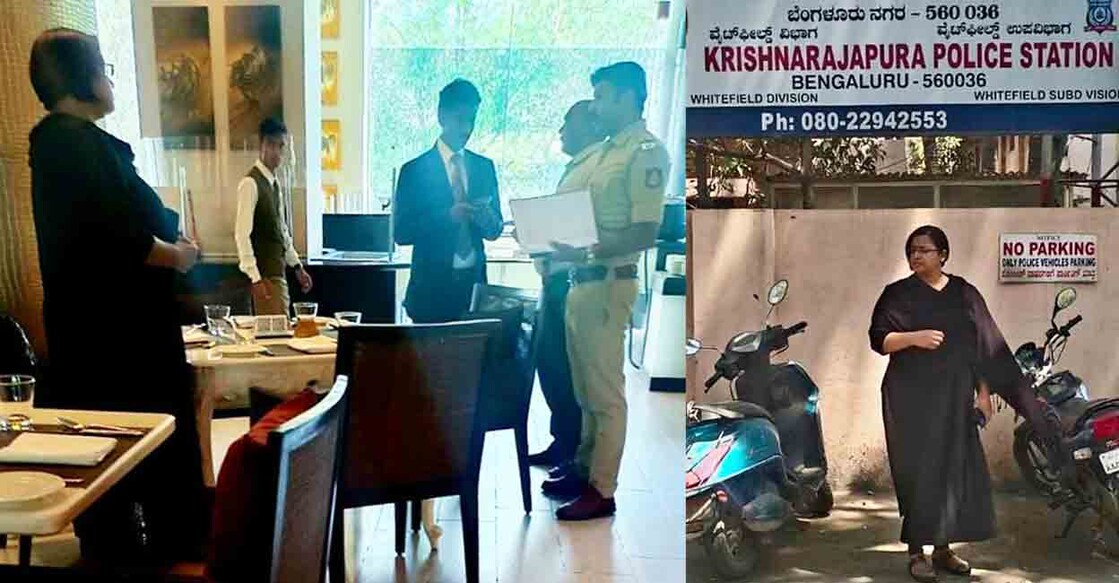 swapna-suresh-karnataka-police-1 Karnataka Police collecting evidence from a hotel in Bengaluru's Whitefield; Swapna Suresh in front of Krishnarajapura Police Station. Photo: Facebook/Swapna Suresh