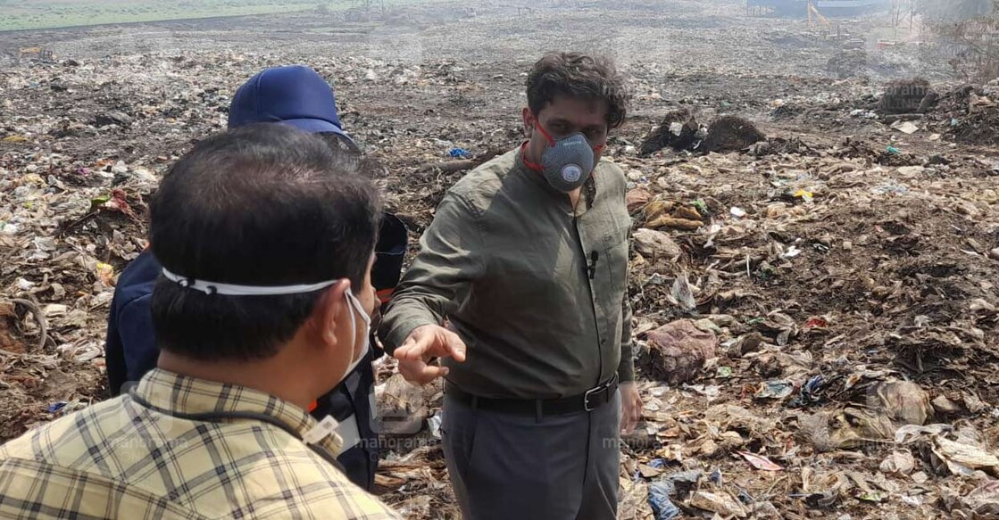 Ernakulam Collector NSK Umesh during his visit to the Brahmapuram waste plant to assess the situation. Photo: Josekutty Panackal/Manorama