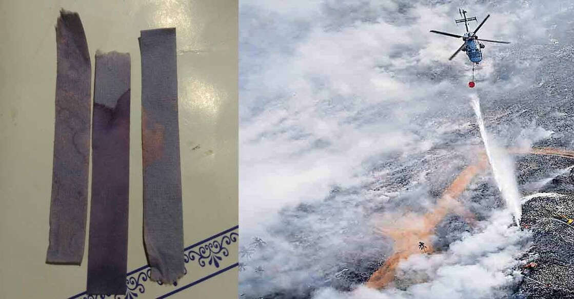 The photograph of litmus papers posted by Rajagopal Kamath on his Facebook page (left). Smoke rising from the Brahmapuram waste dump yard (photograph from last week. 