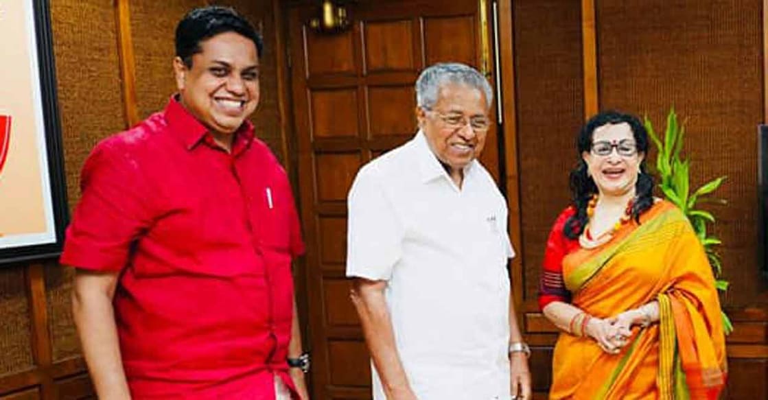 Sheela with Chief Minister Pinarayi Vijayan and Speaker AN Shamseer at the Kerala Legislative Assembly. Photo: Facebook/@AnshamseerMLA