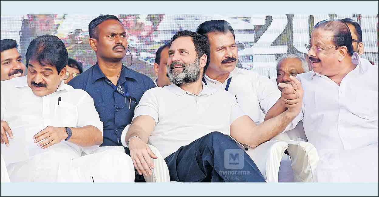 Rahul Gandhi with KPCC President K Sudhakaran, AICC General Secretary KC Venugopal and PT Mathew at a UDF convention in Mukkam, Wayanad. Photo: Manorama