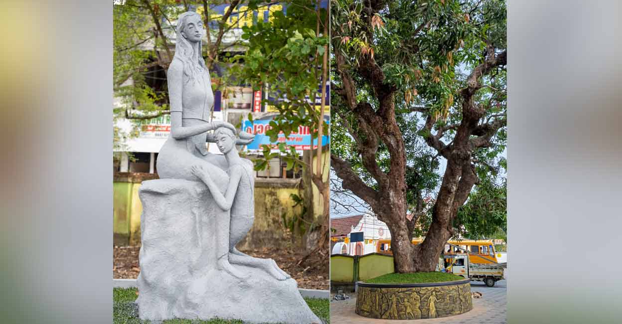 mambazham-mango-tree-sculpture The sculpture of the mother and son, characters in Vyloppilli's famous poem, Mambazham installed in the courtyard of Government HSS, Mulanthuruthy. Photo: Special arrangement