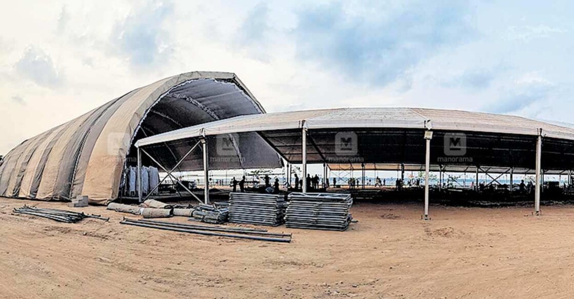 The venue of the celebration, which will also be the first function of Mallikarjun Kharge in Kerala after taking over the post of all-India Congress president, is the ‘beach’ on the banks of the Vembanad Lake. Photo: Manorama