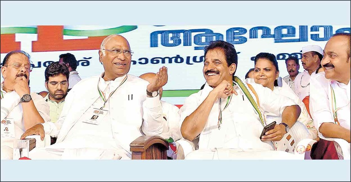 Congress President Mallikarjun Kharge at the inauguration of the year-long centenary celebrations of the Vaikom Satyagraha. KPCC president K Sudhakaran, MP K C Venugopal and Leader of Opposition in the state assembly V D Satheesan is seen beside him on the dias. Photo: Manorama