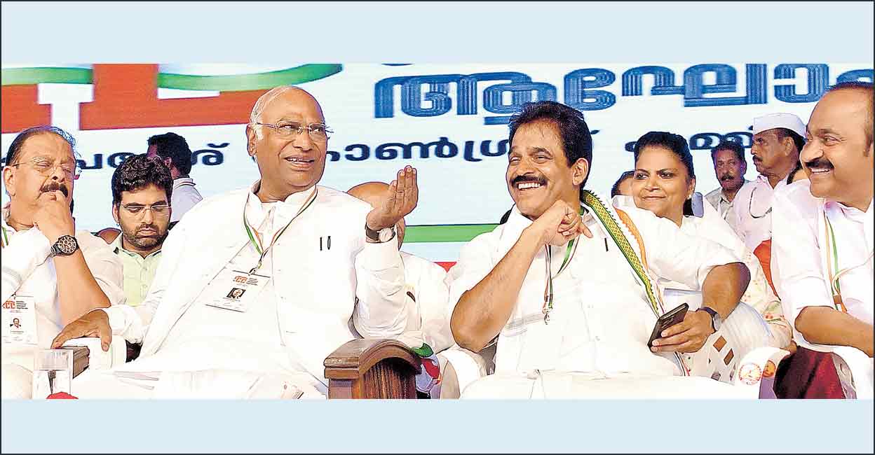 Congress President Mallikarjun Kharge at the inauguration of the year-long centenary celebrations of the Vaikom Satyagraha. KPCC president K Sudhakaran, MP K C Venugopal and Leader of Opposition in the state assembly V D Satheesan is seen beside him on the dias. Photo: Manorama