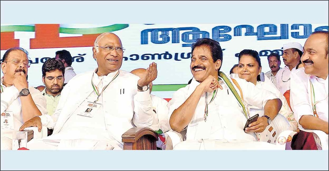 Congress President Mallikarjun Kharge Congress President Mallikarjun Kharge at the inauguration of the year-long centenary celebrations of the Vaikom Satyagraha. KPCC president K Sudhakaran, MP K C Venugopal and Leader of Opposition in the state assembly V D Satheesan is seen beside him on the dias. Photo: Manorama