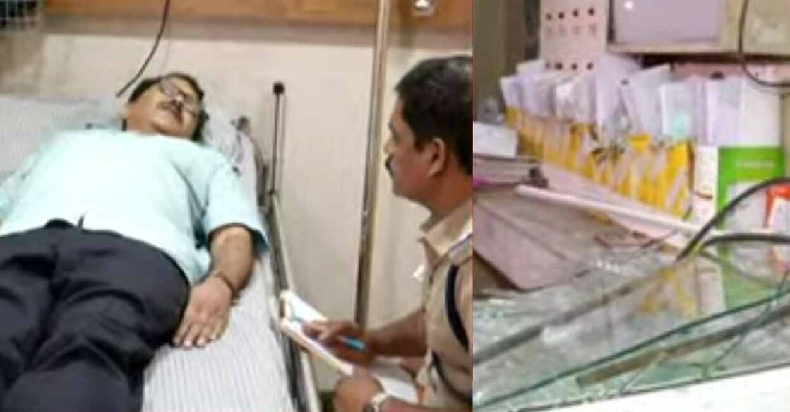 Dr PK Ashokan gives his statement to the police. The hospital counter that was smashed. Photos: Screengrab from Manorama News