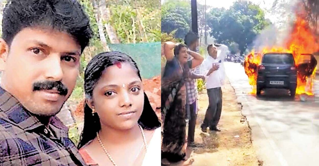 Prajith and Reesha; Reesha’s father K K Viswanathan and mother Sobhana are inconsolable after losing their daughter and son-in-law in the fire that broke out in the car. Screengrab