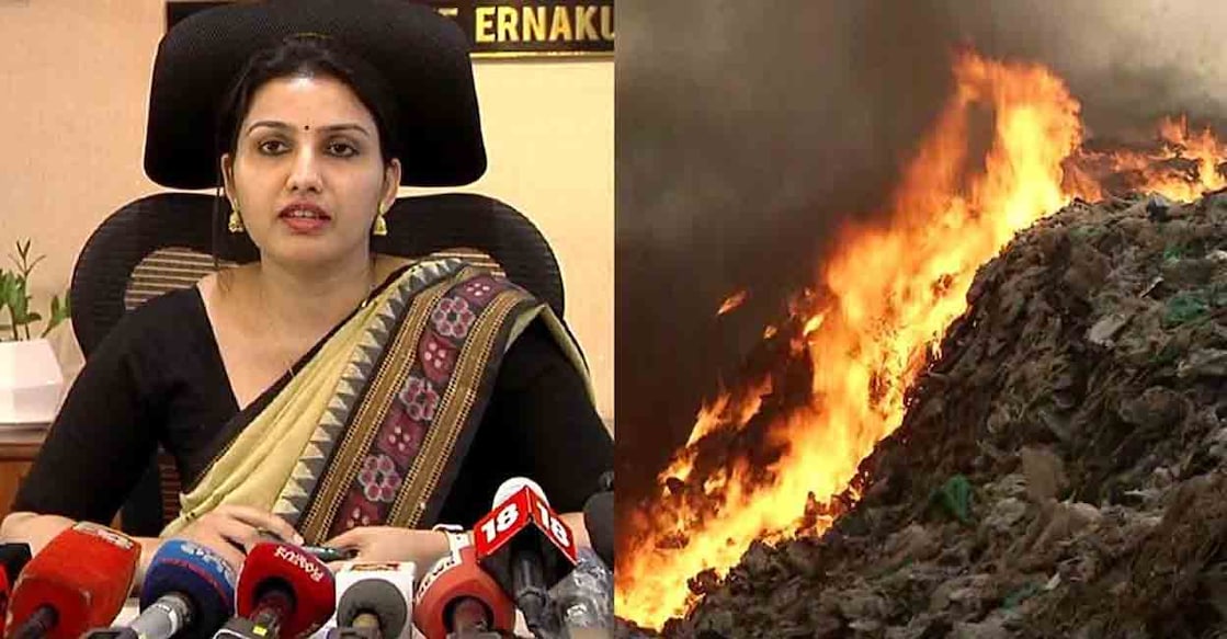 Ernakulam District Collector Renu Raj; the fire which broke out at Brahmapuram waste treatment plant. Screengrab: Manorama News