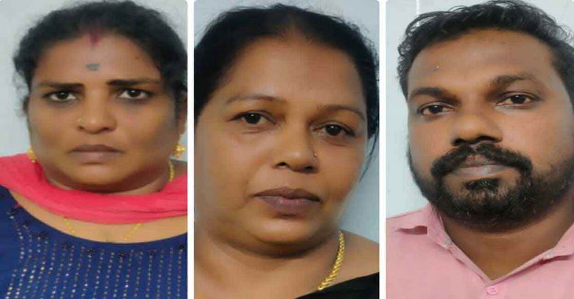 The arrested were identified as Kunnappallil Rathimol, alias Sheeba (49), a native of Sasthakulam near Vechur; Ranjini (37), a resident of Padippurayil, Onamthuruth; and Dhans (39) of Illikulamchira, near Kumarakom. Photo: Special Arrangement. 