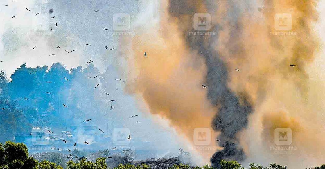 Smoke rises from Brahmapuram solid waste plant after a massive fire erupted here. Photo: Josekutty Panackal/Manorama