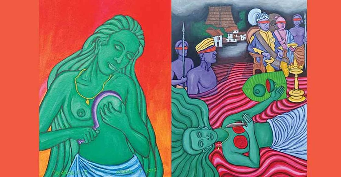 Paintings on the sacrifice of Nangeli by T Murali. Sourced from a Manorama Online article