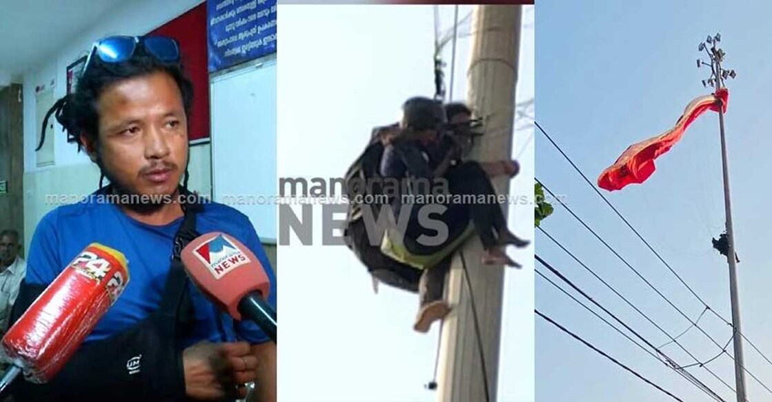 Paragliding instructor Sandeep; tense moments from when the duo were stuck on the high mast lamp pole. Screengrab: Manorama News