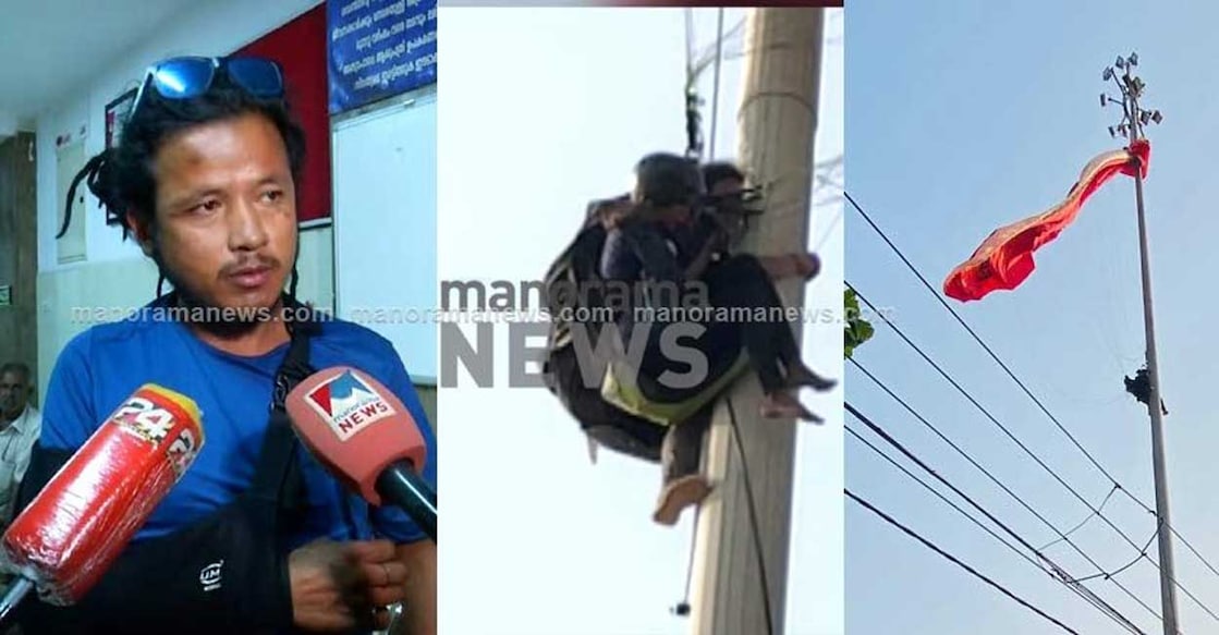 (Video grab - Manorama News) Paragliding instructor Sandeep; tense moments from when the duo were stuck on the high mast lamp pole. Screengrab: Manorama News