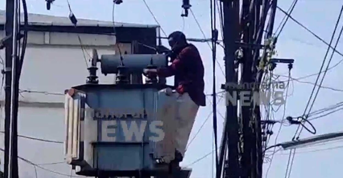 Shaji Shaji, a native of Chalakudy, was electrocuted after climbing on the transformer and touching the power line. Photo: Manorama News