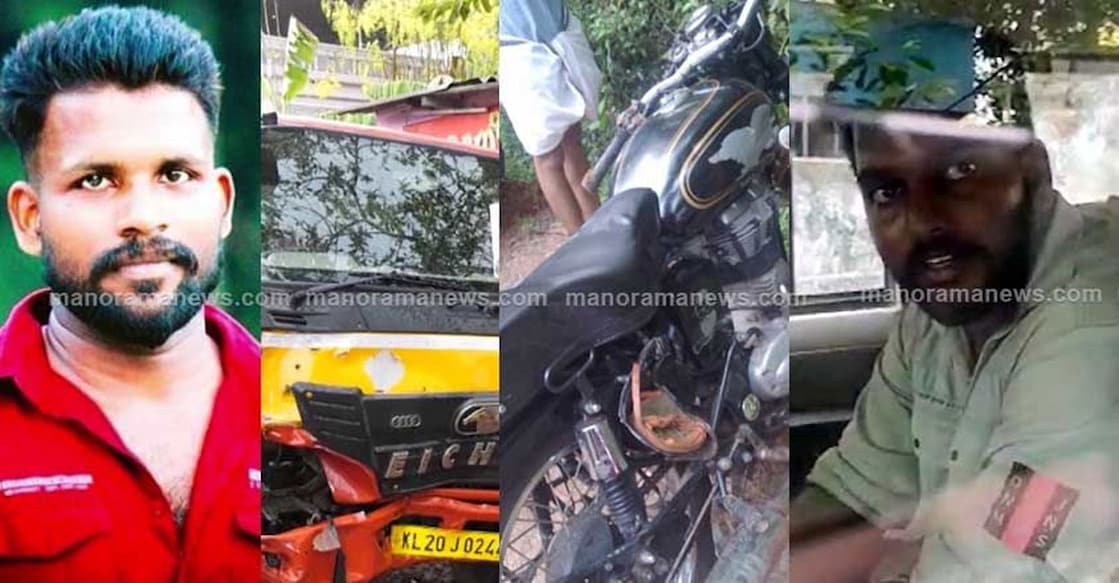 Renjith; the tipper which rammed into Ranjith's bike; Sarath, driver of the tipper. Photo: Manorama News