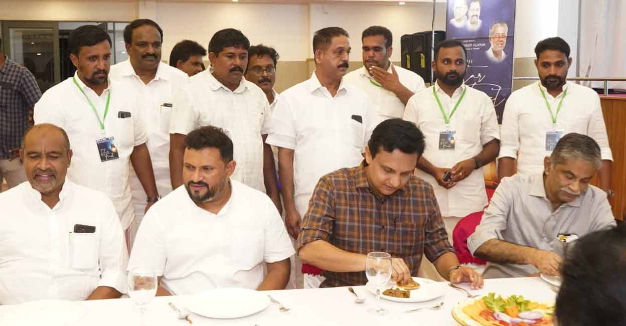 (Second from left) Lakshadweep MP Mohammed Faizal with Minister Mohamed Riyas during the Iftar held in Kochi on Monday. Photo: Special arrangement