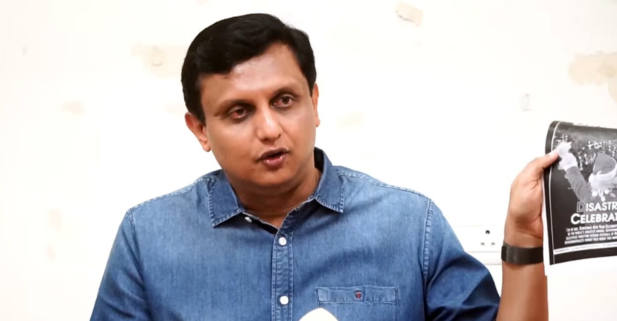 Minister PA Muhammad Riyas shows a photocopy of the 'Organiser' cover story during a press conference in Kochi on Tuesday. Photo: Screengrab 