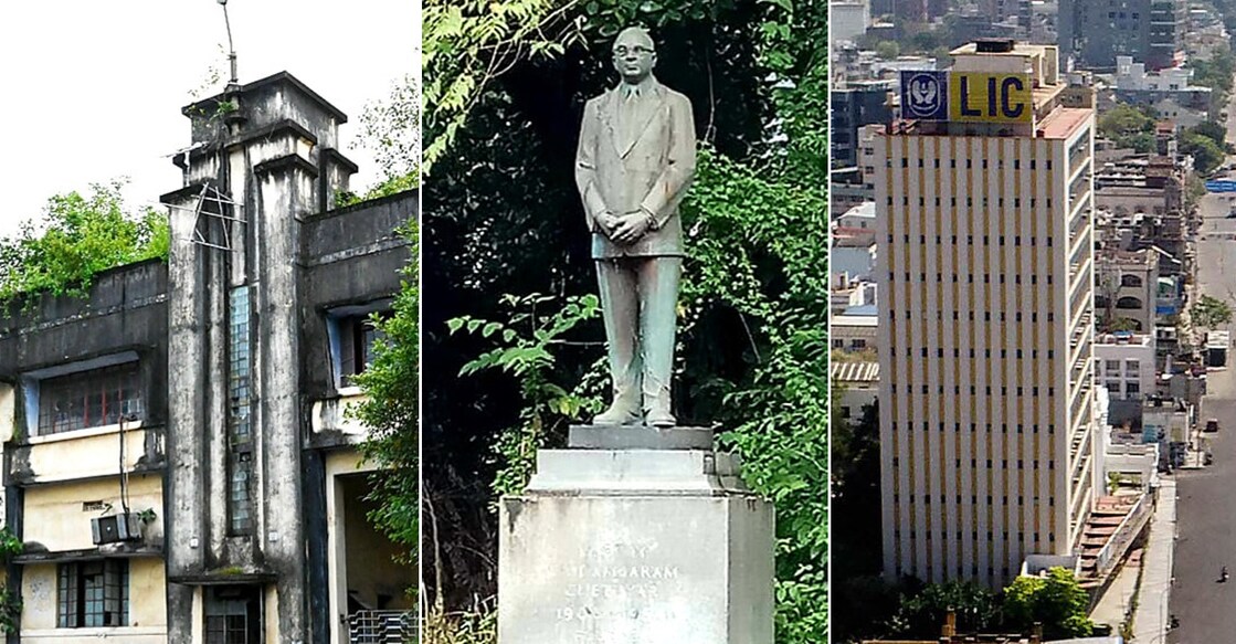 L-R: An abandoned Travancore Rayons Limited (left). The statue of Muthiah Chidambaram Chettiar on the premises of the Rayons. The LIC building on Anna Salai, Chennai. Photos: Travancore Rayons - The dream Land (1, 2) & Manorama