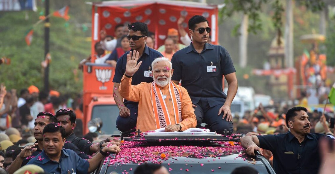 Prime Minister Narendra Modi during roadshow in Varanasi. Photo: PTI
