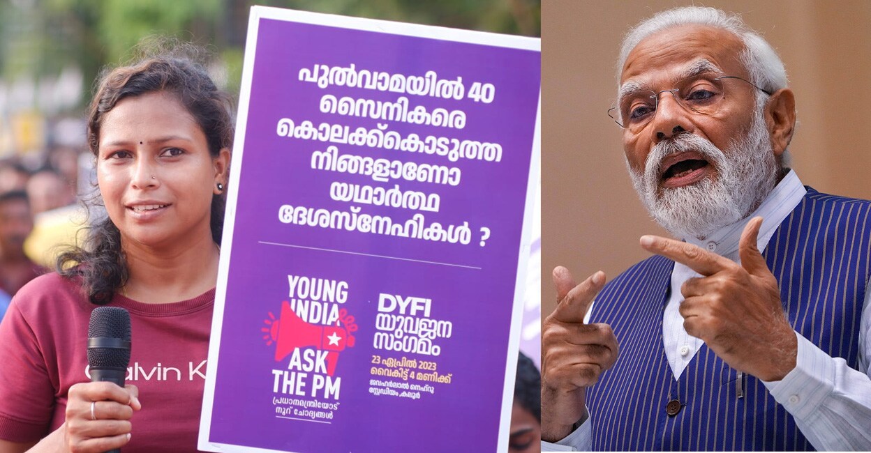 L-R: A youngster holds up a placard during the DYFI's 'Young India Ask the PM' event in Kochi on Sunday. Prime Minister Narendra Modi. Photos: DYFI/PTI
