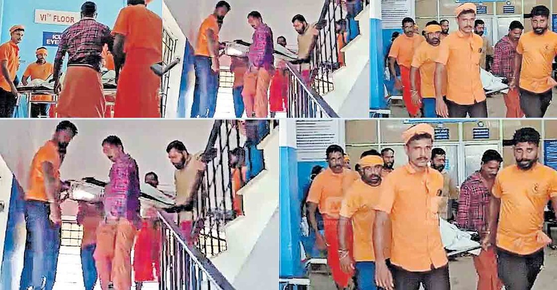 Headload workers carry patients in Kasragod general hospital. Photo: Manorama 