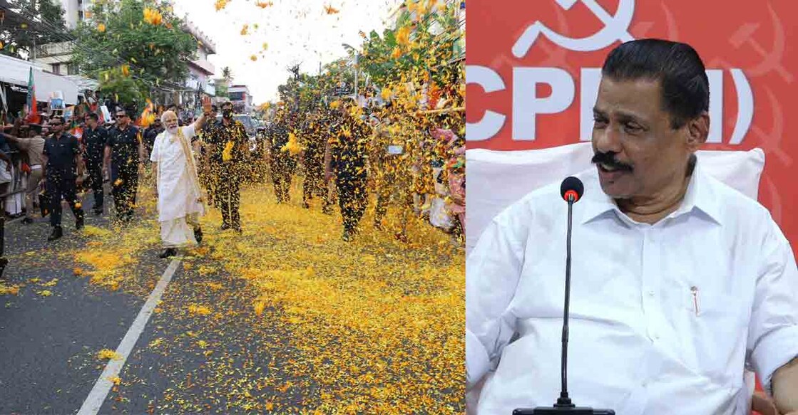 PM Modi waving at the crowd gathered to see him at Kochi; CPM state general secretary MV Govindan during his press meet. Screengrab: Manorama News