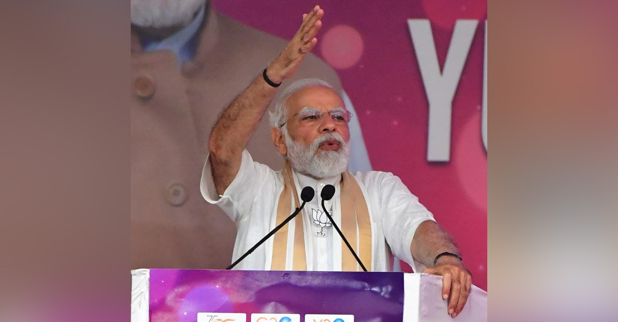 Prime Minister Narendra Modi speaks at 'Yuvam' conclave at the Sacred Heart College Ground in Kochi on Monday. Photo: Josekutty Panackal/Manorama