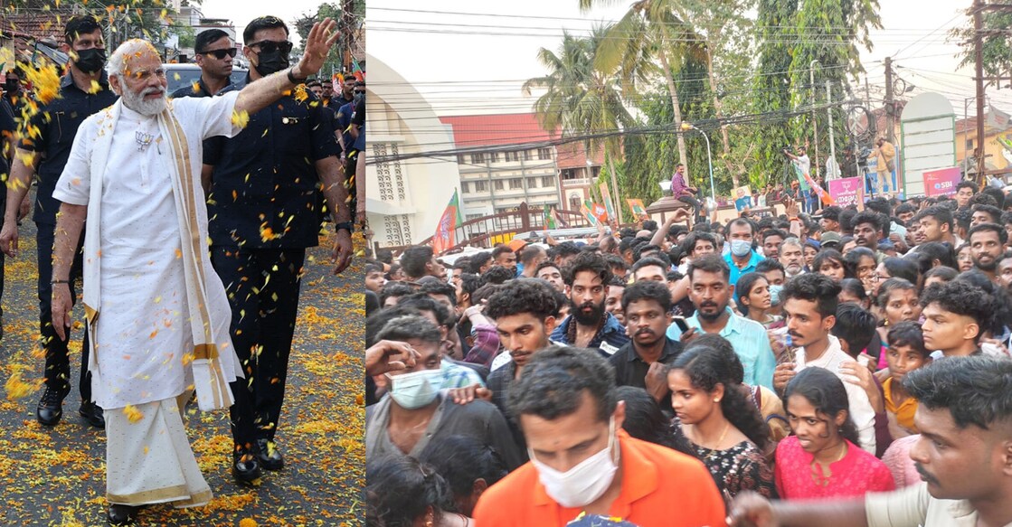 yuvam-modi-fans L-R: Prime Minister Narendra Modi waves to supporters during a roadshow in Kochi. People who could not get a glimpse of Modi. Photo: Special arrangement