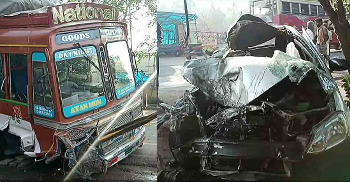 അപകടത്തിൽപ്പെട്ട ലോറിയും കാറും (വിഡിയോ ദൃശ്യം)