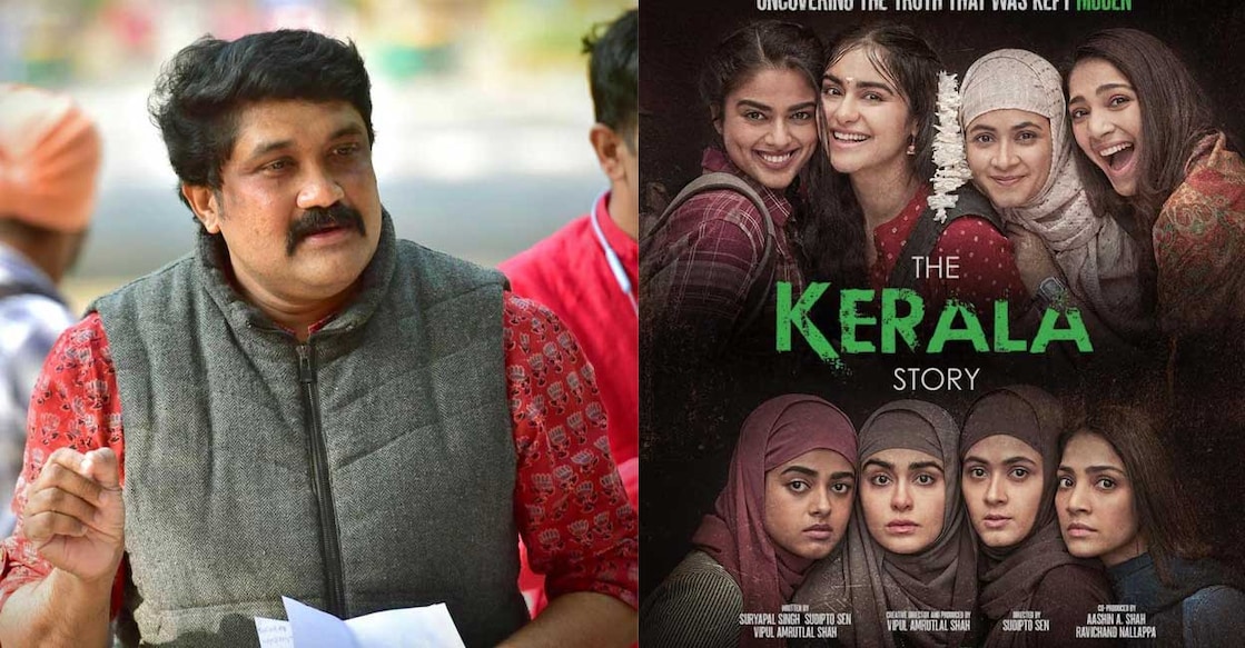 CPM leader AA Rahim; poster of 'The Kerala Story'. Photo: Manorama Online