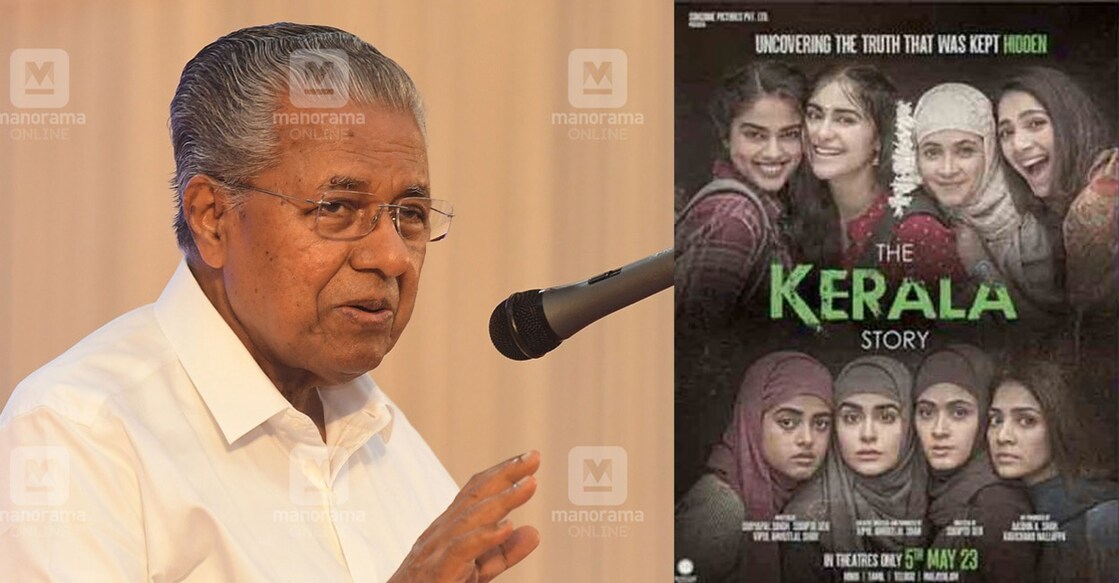 Pinarayi Vijayan; poster of 'The Kerala Story'. Photo: SS Harilal/Manorama