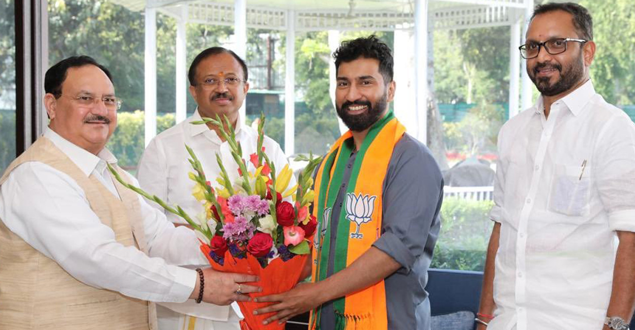 Anil Antony with BJP national president JP Nadda (left), union minister V Muraleedharan and state president, K Surendran. Photo: Twitter//@anilkantony