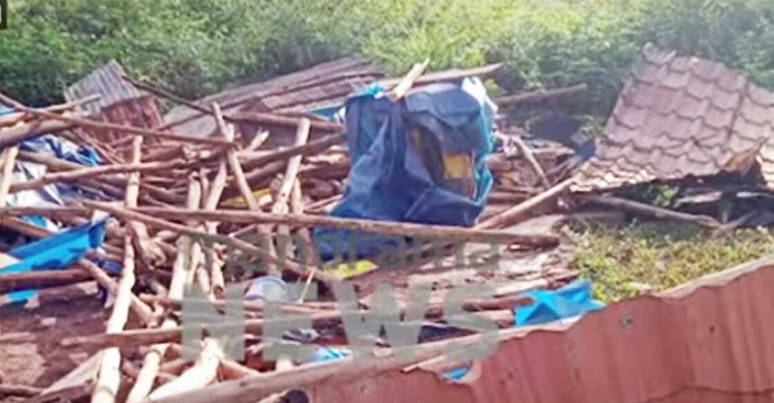 A house was destroyed by a herd of wild elephants at Chinnakanal on May 1, 2023. Photo: Screengrab/Manorama News