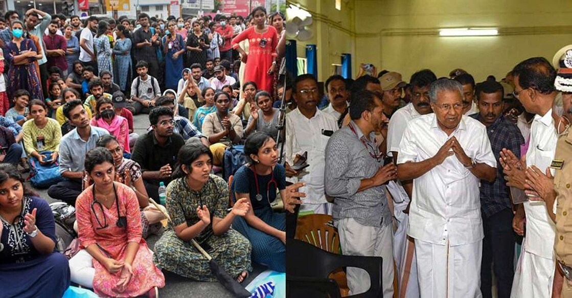 Doctors during their sit-in protest; Chief Minister Pinarayi Vijayan. Photo: Manorama Online