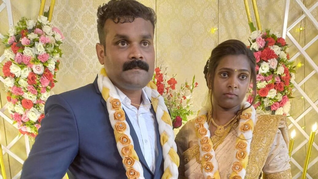 Justin and Vijimol exchanged garlands in front of the St Xavier's Church. Photo: Special arrangement