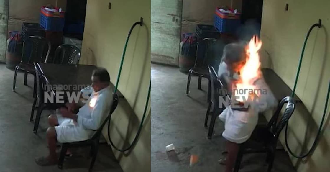 Mobile phone explodes, catches fire in thrissur 70-year-old Eliyas was having tea at an eatery when his mobile phone exploded and caught fire inside his shirt's pocket. Photo: Screengrab/ Manorama News