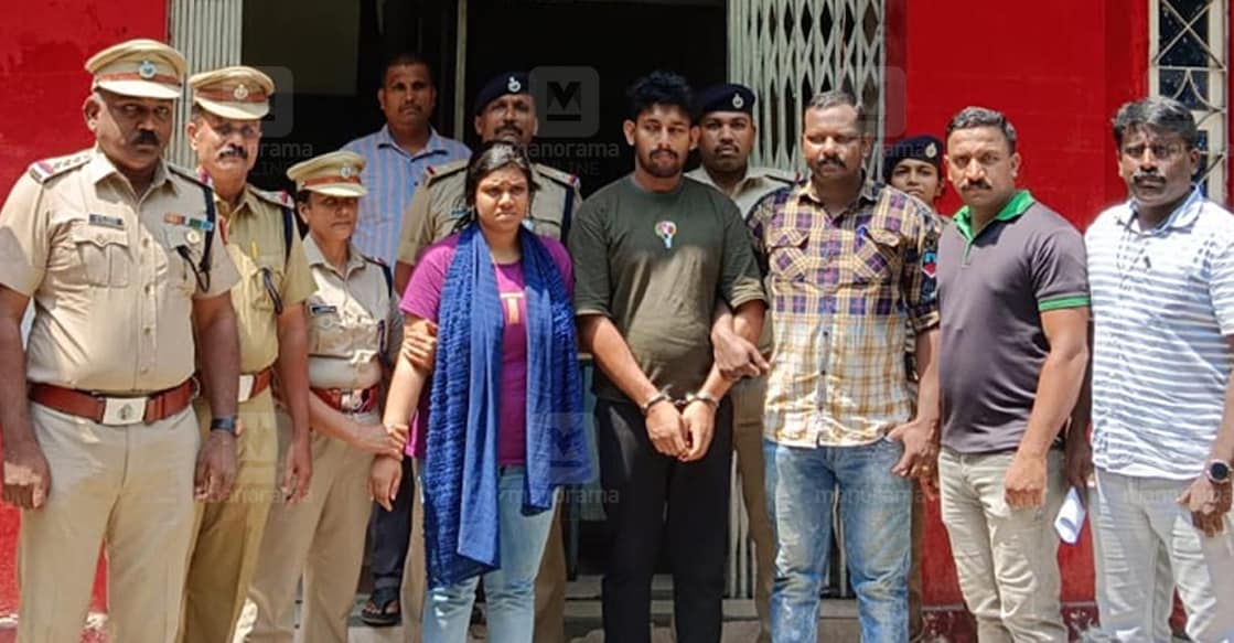 Farhana and Shibili with police officials. Photo: Manorama