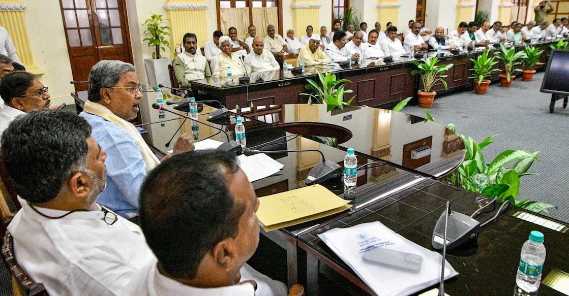 Karnataka Chief Minister Siddaramaiah and his deputy DK Shivakumar during Congress Legislative Party (CLP) meeting, in Bengaluru, Wednesday, May 24, 2023. Photo: PTI