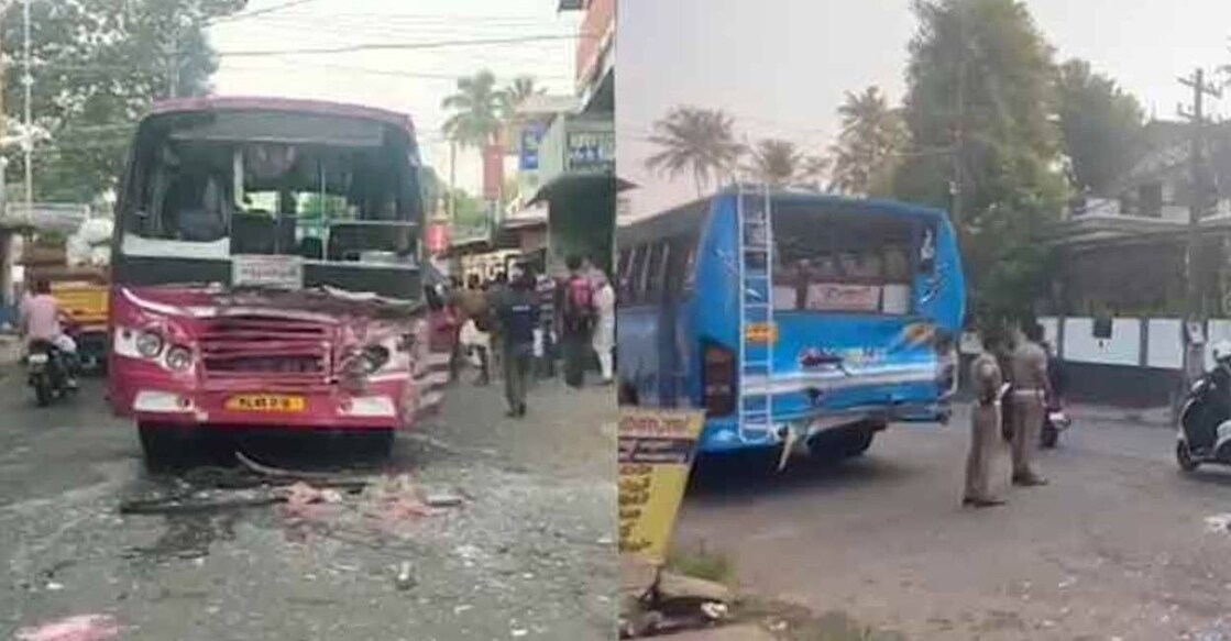 The accident happened when the Thrissur-bound limited stop bus rammed into a bus running on the local route near Lal Hospital at Mapranam. Photo: Screengrab/ Manorama News